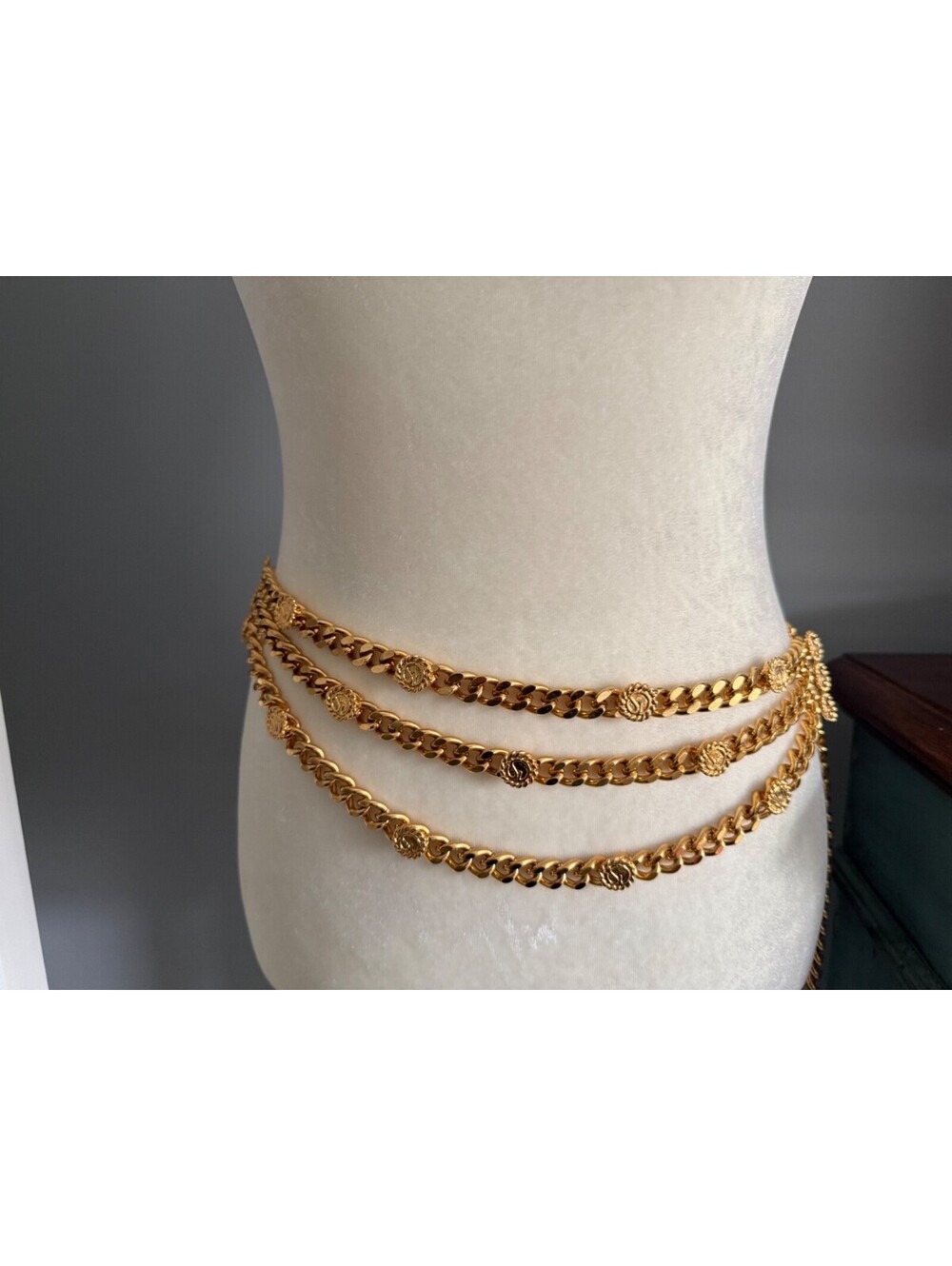 ST JOHN Vintage Gold Plated SJ Logo Chain Link Swag Belt Medallions Necklace 38"